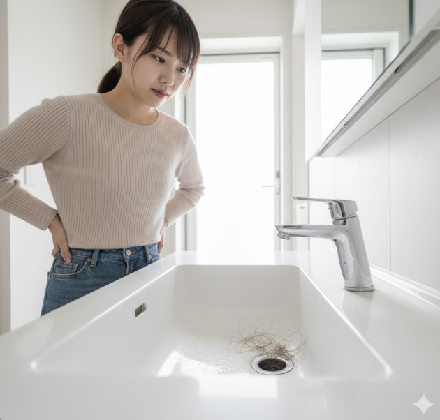 洗面台の排水口に溜まった髪の毛を見てうんざりしている若い日本人女性