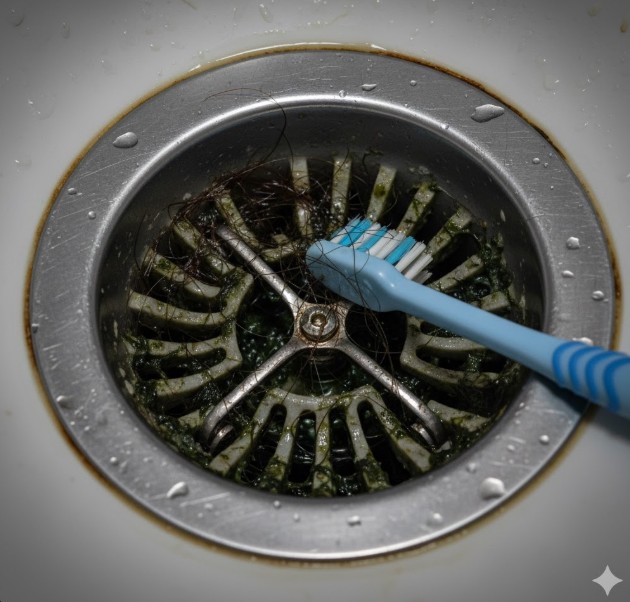 ポップアップ式排水栓の排水口に絡みついた髪の毛とカビ、それを古い歯ブラシで掃除しようとしている様子。