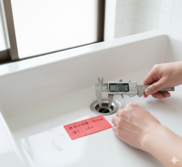 デジタルノギスを使って洗面台の排水口の内径と深さを慎重に測定し、メモ用紙に記録している日本人女性の手。