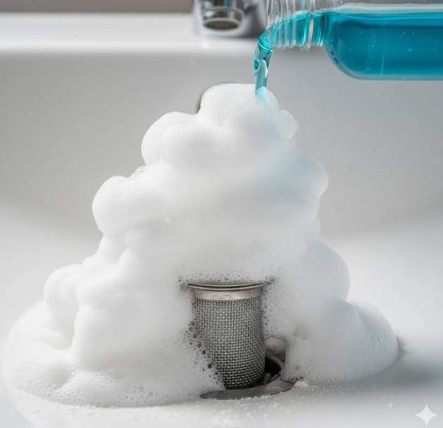 洗面台の排水口に設置されたゴミ受けネットの周りに重曹を振りかけ、その上からクエン酸液を注ぎ、発泡洗浄している様子。