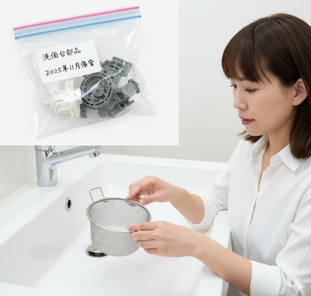 賃貸住宅の洗面台に新しいゴミ受けネットを設置し、取り外した純正部品をジップロックに入れて保管している若い日本人女性。