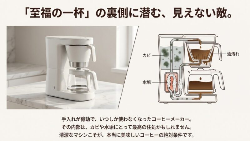 コーヒーメーカーの断面図で、水タンクのカビ、配管の水垢、フィルター付近の油汚れを解説するイラスト。
