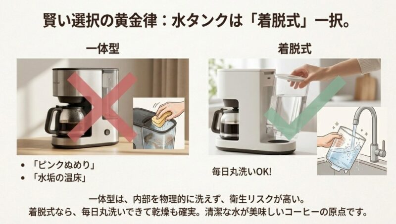 洗いにくい一体型タンクと、丸洗い可能な着脱式タンクを比較し、着脱式の衛生的なメリットを強調するイラスト。