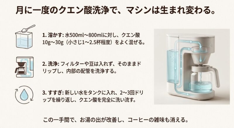 クエン酸を溶かす、洗浄、すすぎの3ステップと、推奨されるクエン酸の量（10g〜30g）を解説する手順図。