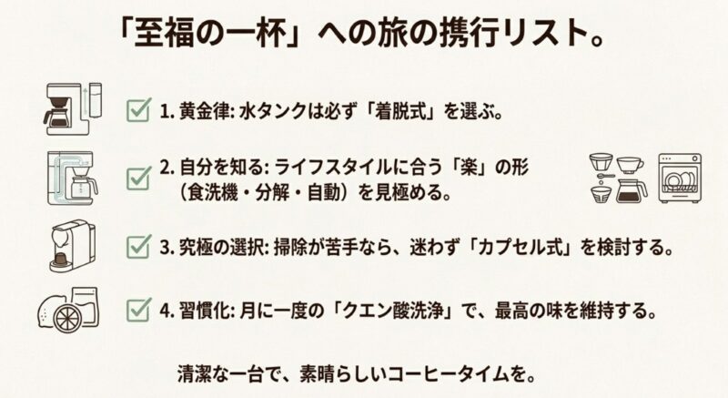 着脱式タンクの選択、ライフスタイルに合う「楽」の形、カプセル式の検討、月一回のクエン酸洗浄の4つのチェックリスト。