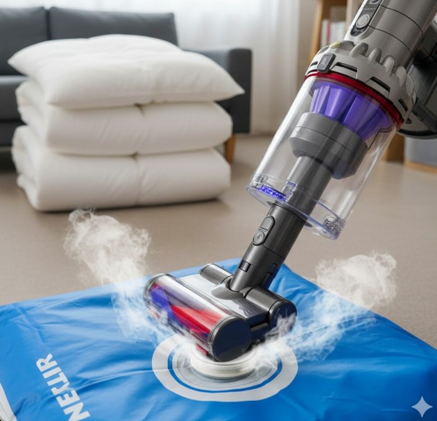 ダイソンの特殊なノズルとニトリの標準バルブが合わず、隙間から空気が漏れている様子を示す画像。