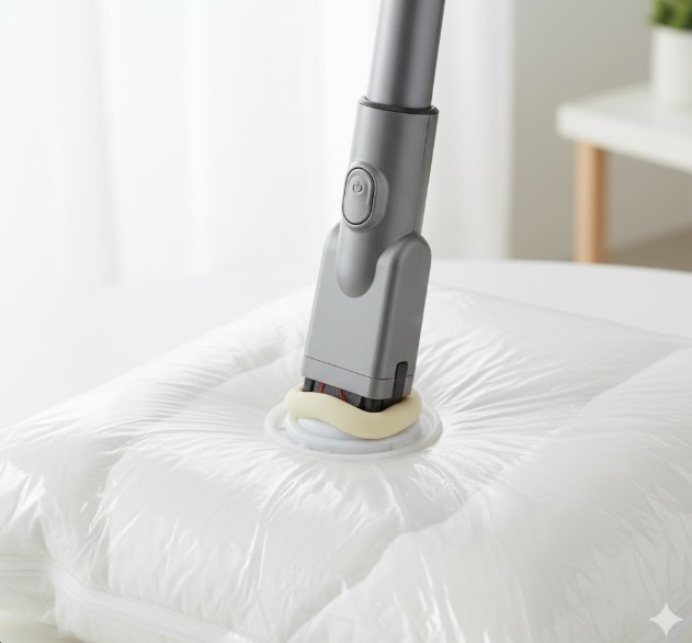 スティック型掃除機との密着性を高めるために、吸い込み口にクッション素材(シリコンなど)が使われているニトリの最新型圧縮袋バルブのイメージ。