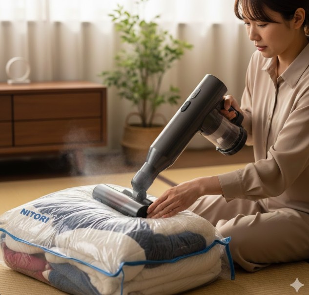 コードレススティック掃除機のノズルとニトリの圧縮袋のバルブが合わず困っている日本人女性の手元