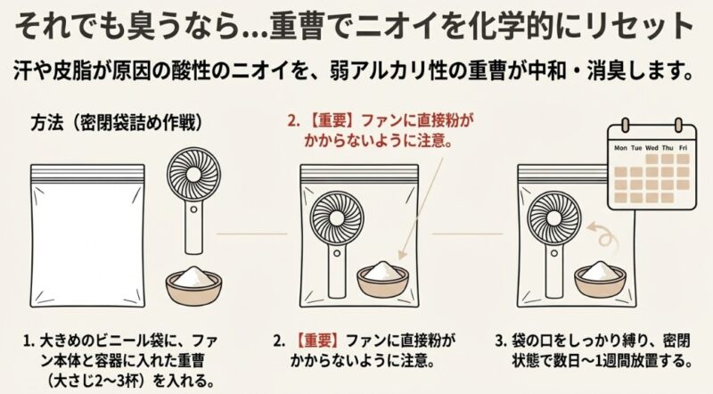 ジッパー付きの袋にハンディファン本体と容器に入れた重曹を一緒に入れ、ニオイを取る様子を描いたイラスト