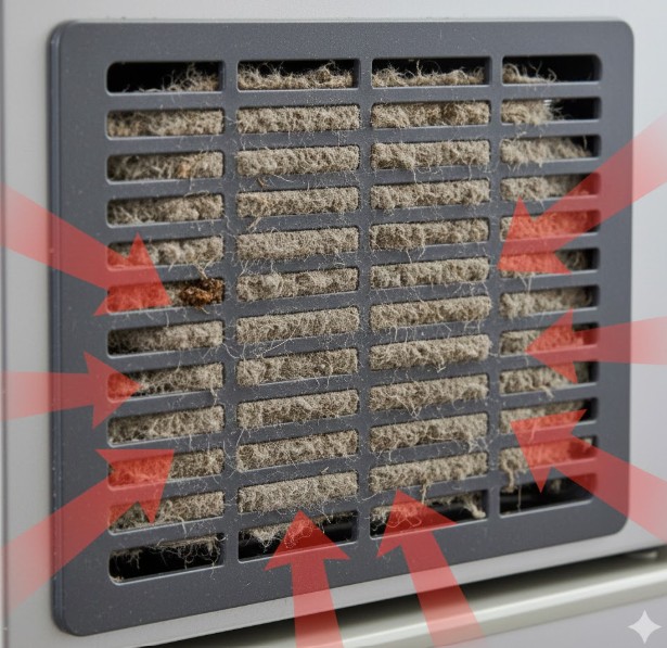 パナソニック冷蔵庫の背面下部にある機械室カバーのスリットが、綿ボコリでびっしりと塞がれている状態を拡大して写した画像。ほこり詰まりによる放熱不良の深刻さを示す。