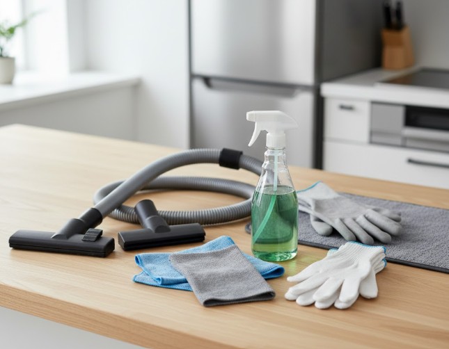 冷蔵庫の排気口掃除に使用する、掃除機ノズル、固く絞った布、中性洗剤、軍手などの推奨ツール一式を整然と並べた画像。掃除の準備と専門性を高める。