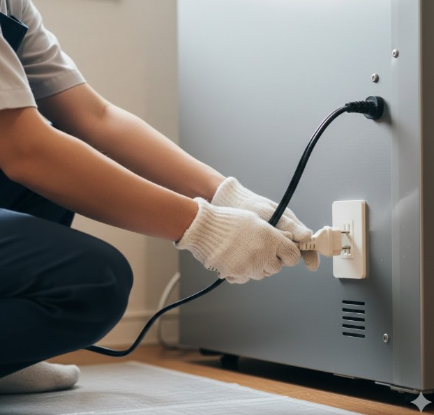 冷蔵庫の背面掃除を始める前に、感電や事故防止のため、電源プラグを壁のコンセントから抜き取る日本人(使用者)の手元を強調した画像。