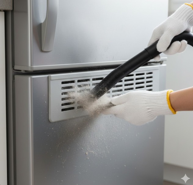 冷蔵庫の背面機械室カバーの細いスリットに、掃除機の隙間ノズルを差し込み、ほこりを乾いた状態で吸引している実践的な清掃風景。