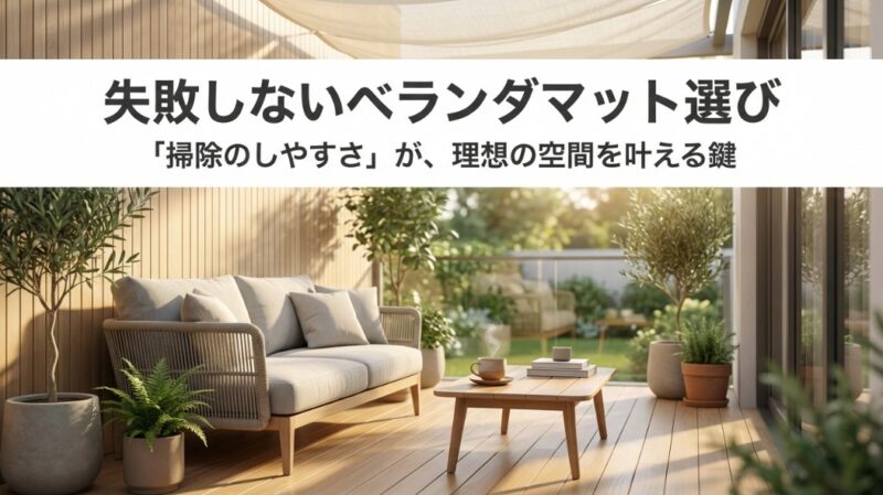 おしゃれなベランダにソファーが置かれたイメージと「失敗しないベランダマット選び、掃除のしやすさが鍵」というタイトルのスライド