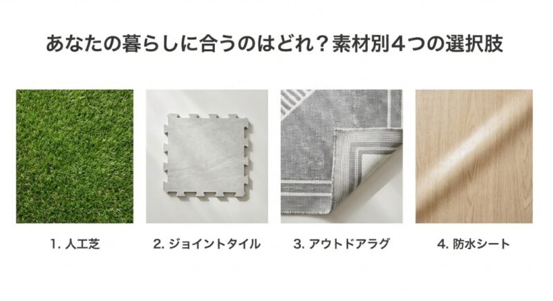 人工芝、ジョイントタイル、アウトドアラグ、防水シートの4つの素材を写真付きで紹介するスライド