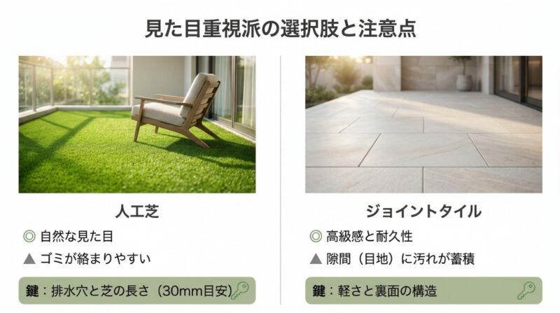 人工芝(ゴミの絡まりやすさ)とジョイントタイル(目地の汚れ蓄積)の注意点と選び方のコツをまとめたスライド