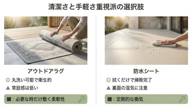 丸洗いできるアウトドアラグと、拭き掃除が楽な防水シートのメリットと管理の鍵を紹介するスライド