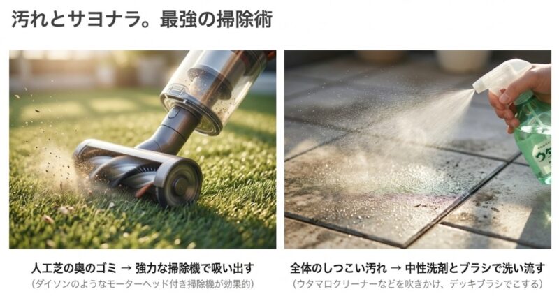 掃除機によるパイルのゴミ吸引と、中性洗剤(ウタマロ等)を使ったブラシ洗いの手順を示すスライド