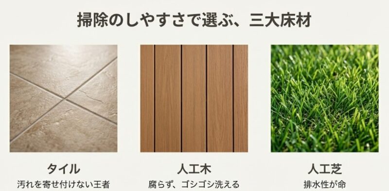 掃除のしやすさで選ぶべき三大床材として、タイル、人工木、人工芝を挙げ、「排水性が命」