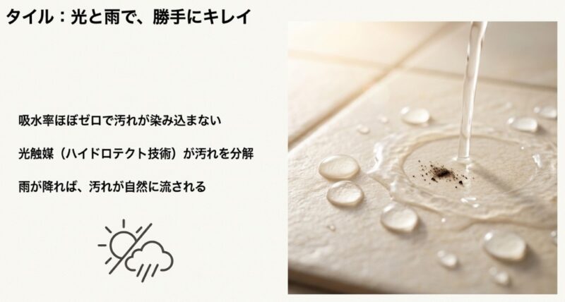 タイルは吸水率がほぼゼロで汚れが染み込まず、光触媒技術によって雨で汚れが自然に流される仕組みを解説した図解