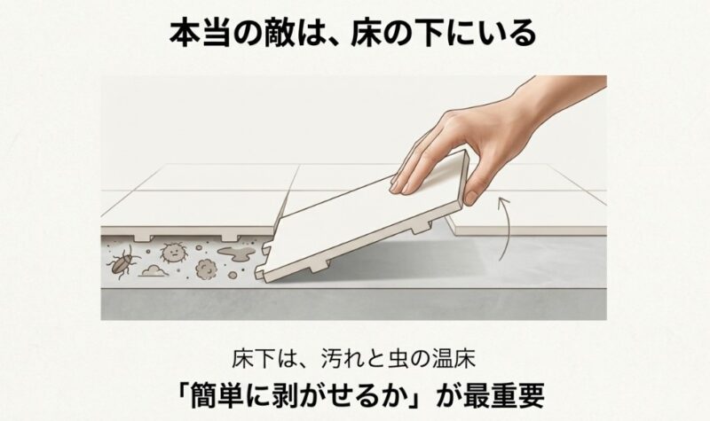 床材をめくって下の汚れや虫を掃除するイラスト。「本当の敵は床の下にいる」という警告と、剥がしやすさの重要性を強調