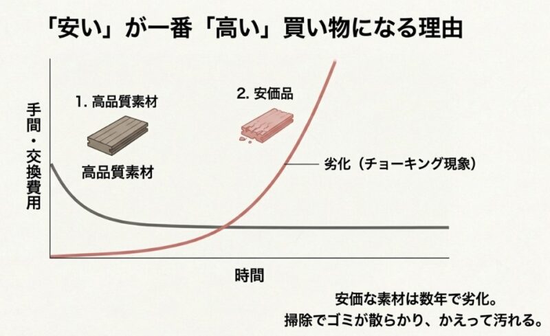 時間の経過とともに、安価な素材はチョーキング現象で劣化し、手間と交換費用が急増することを示すグラフ。