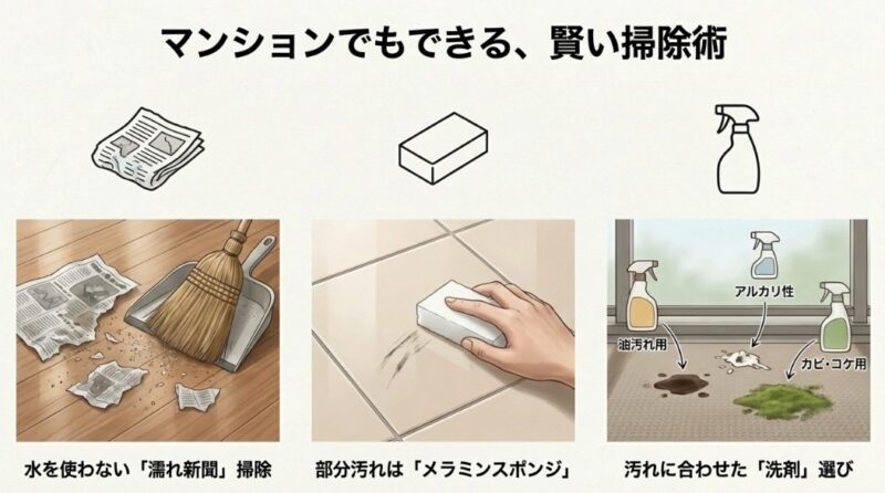 濡れ新聞、メラミンスポンジ、汚れに合わせたアルカリ性洗剤などの活用法をイラストで紹介したスライド。