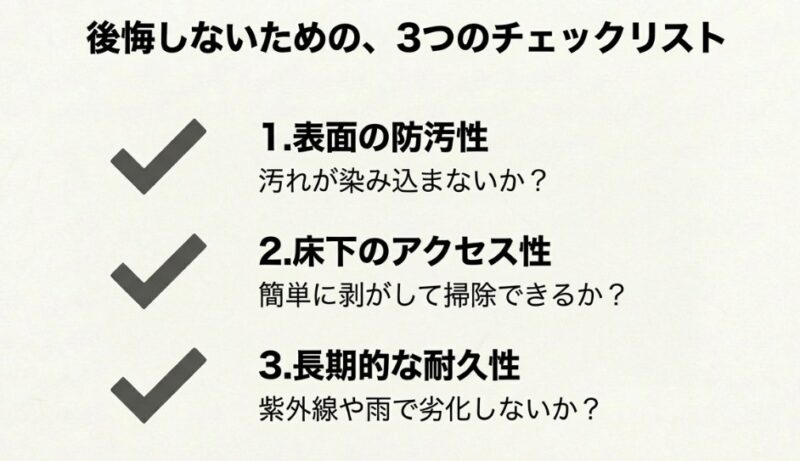 1.表面の防汚性、2.床下のアクセス性、3.長期的な耐久性の3項目を確認するチェックリスト。