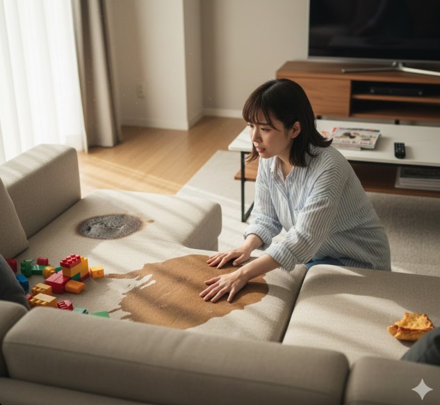 明るいリビングのソファーにできた濃いシミを見て困っている様子の日本人女性。ソファーの汚れ問題。