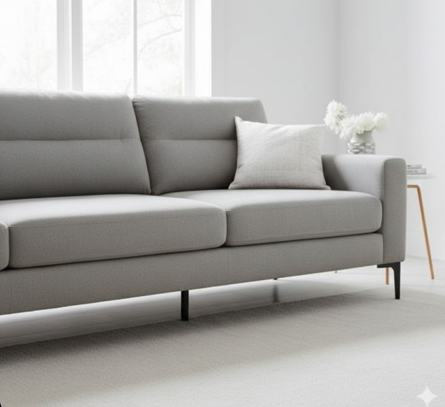 掃除後のソファーに向けてサーキュレーター(扇風機)の風を当て、乾燥を促している様子。