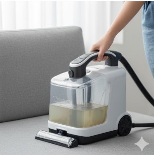 日本人が電動ポンプ式のリンサークリーナーを使って布製ソファーを楽に掃除している様子。