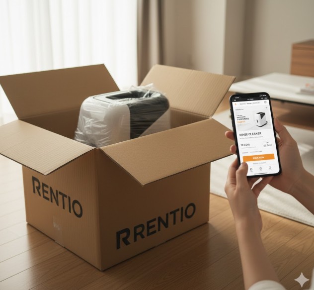 家電レンタルサービスを象徴する、梱包されたリンサークリーナーとレンタル予約画面が表示されたスマートフォンのイメージ。