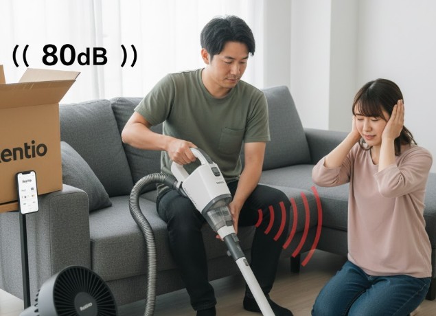 大きな音を立てるリンサークリーナー(掃除機)の横で、騒音に耳を塞いでいるマンションに住む日本人。