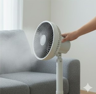 掃除後のソファーに向けてサーキュレーター(扇風機)の風を当て、乾燥を促している様子。