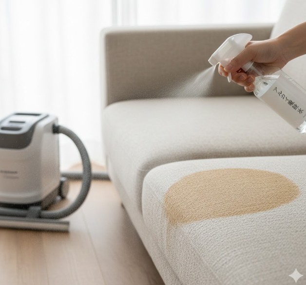 リンサークリーナー使用前に、布製ソファーの汚れにアルカリ電解水をスプレーして予洗いしている様子。