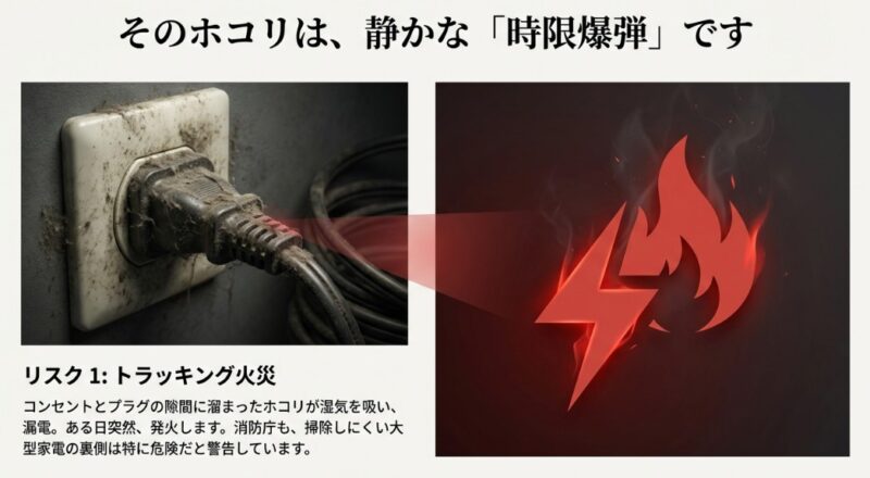 ホコリが溜まったコンセントとトラッキング現象による発火のイメージ