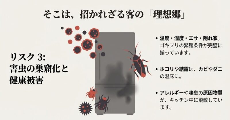 冷蔵庫裏に潜むゴキブリやダニ、カビなどの衛生リスクイメージ図
