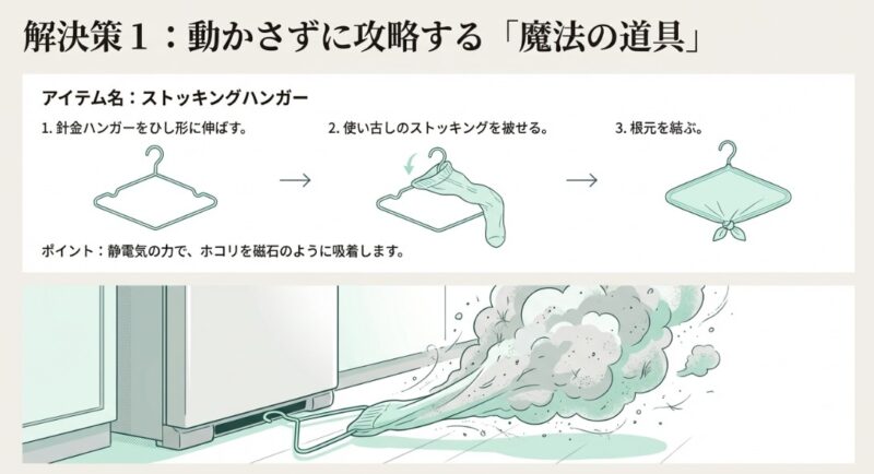 針金ハンガーとストッキングで作る静電気掃除グッズのイラスト
