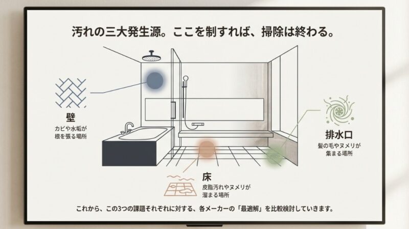 浴室のイラストを用いて、壁（カビ・水垢）、床（皮脂・ヌメリ）、排水口（髪の毛・ヌメリ）の3箇所が汚れの主な発生源であることを示す図解。