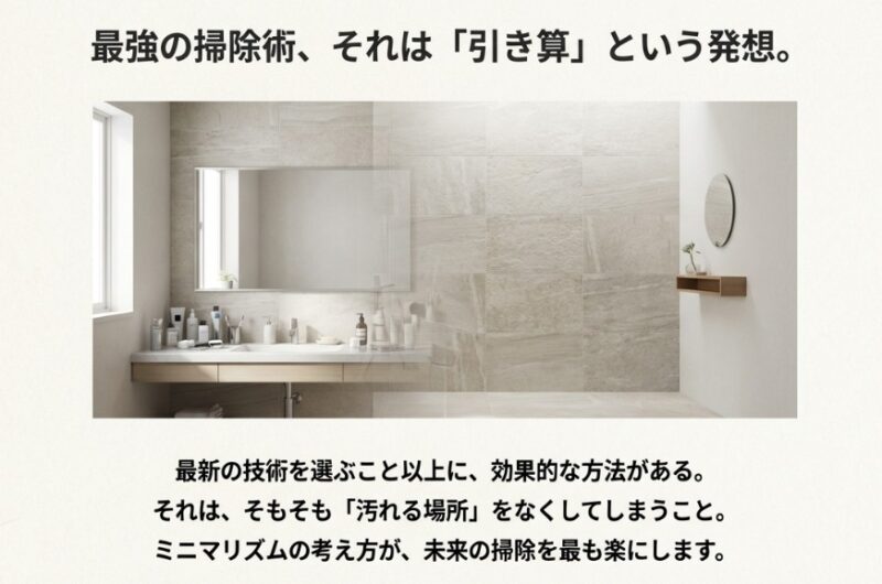 「最強の掃除術は引き算」というメッセージとともに、汚れる場所そのものをなくすミニマリズムの考え方を提案するスライド。