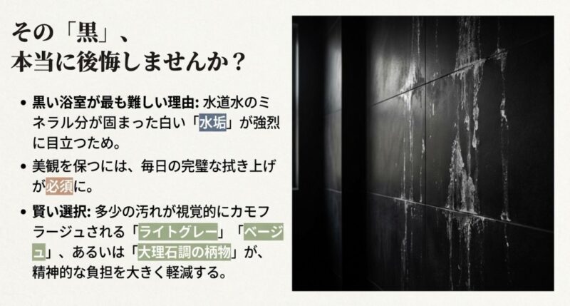 黒い壁に白い水垢が目立っている画像とともに、黒い浴室はミネラル分による汚れが目立つためメンテナンスが大変であることを警告するスライド。