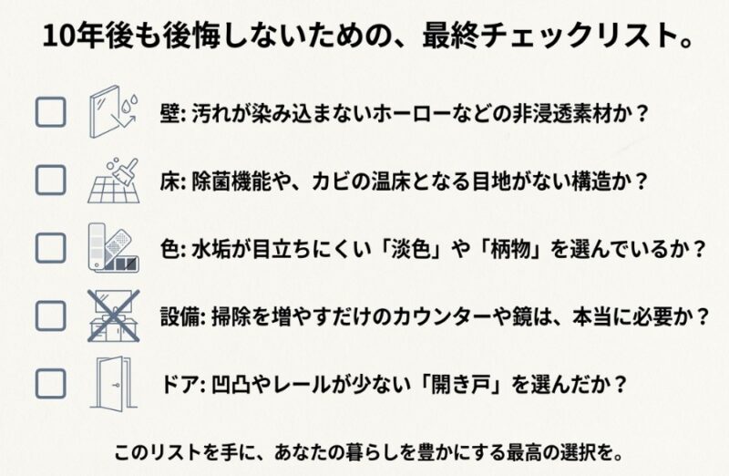 壁の素材、床の構造、色選び、設備の必要性、ドアの形状など、10年後も後悔しないための5つのチェックポイントをまとめたリスト。