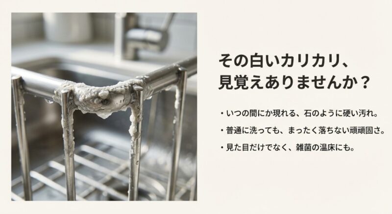 ステンレス製の水切りかごに付着した石のように硬く白い水垢のクローズアップ画像と、掃除で落ちない悩みについてのテキスト。
