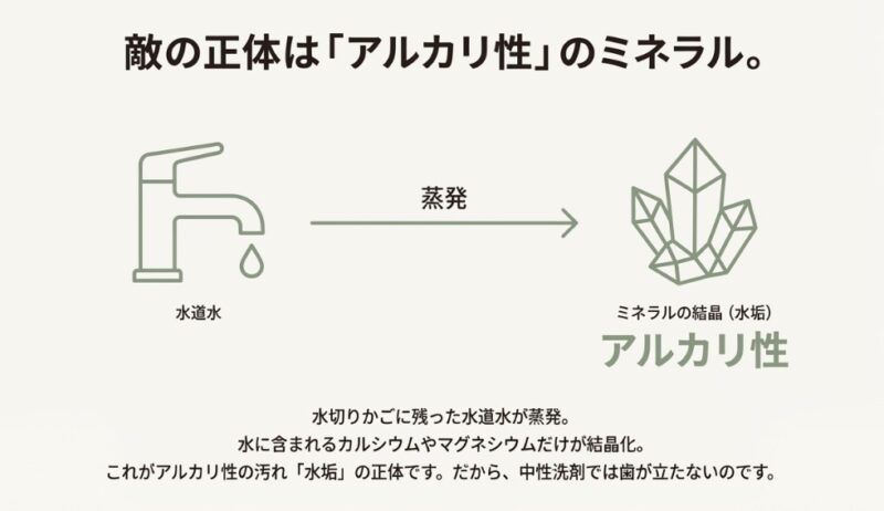 蛇口から出る水道水が蒸発し、含まれるカルシウムやマグネシウムがアルカリ性の結晶（水垢）になる仕組みのイラスト。