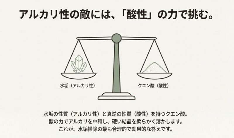 天秤の左皿に水垢（アルカリ性）、右皿にクエン酸（酸性）が乗っており、酸の力で硬い結晶を柔らかく溶かす説明のイラスト。