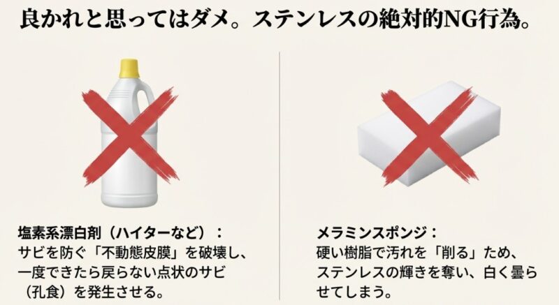 塩素系漂白剤がサビの原因になることと、メラミンスポンジがステンレスの輝きを奪ってしまうリスクについての警告イラスト。