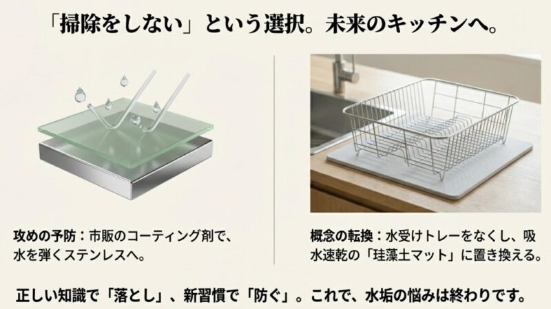ステンレスを水を弾くようにする市販のコーティング剤と、水受けトレーを吸水速乾の珪藻土マットに置き換える予防策の提案。