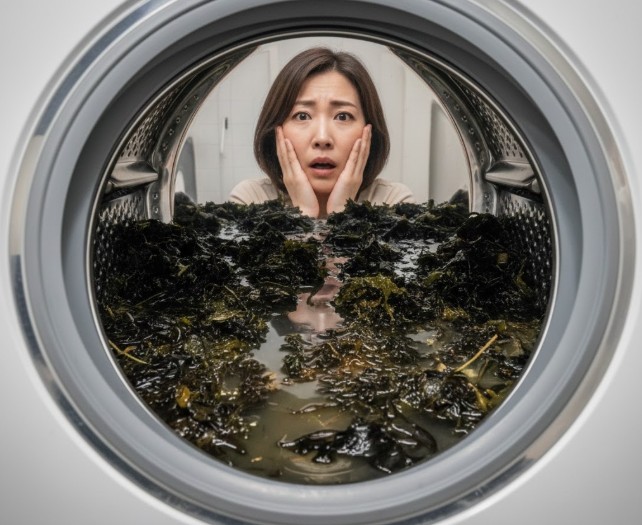 洗濯槽の内部に大量に浮いたワカメ状のカビ汚れ（バイオフィルム）を見て不安そうな表情を浮かべる日本人女性の様子。