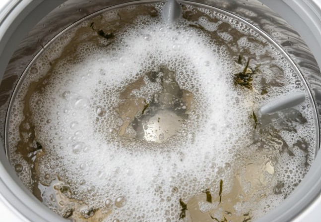 45度から50度のお湯に溶けた酸素系漂白剤(過炭酸ナトリウム)が、洗濯槽内で大量の泡を発生させ、汚れを剥がしている様子をイメージしたビジュアル。