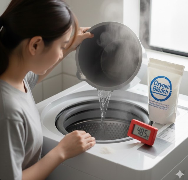 最適な効果を引き出すために、給湯器で45℃〜50℃に設定したお湯を洗濯槽に注ぎ入れ、温度を調整している日本人。